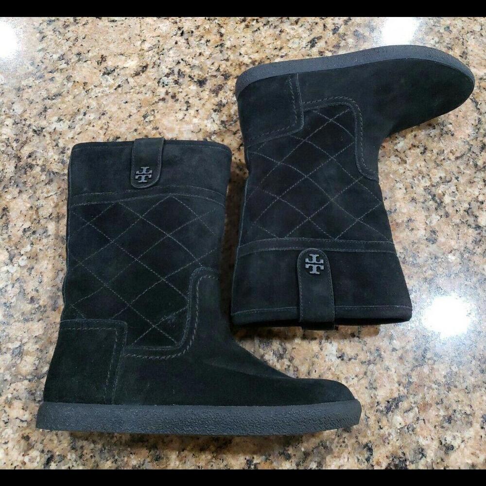 Tory Burch Logo Alana $325 Black Quilted Suede Flats Warm Boots Womens Shoes 5